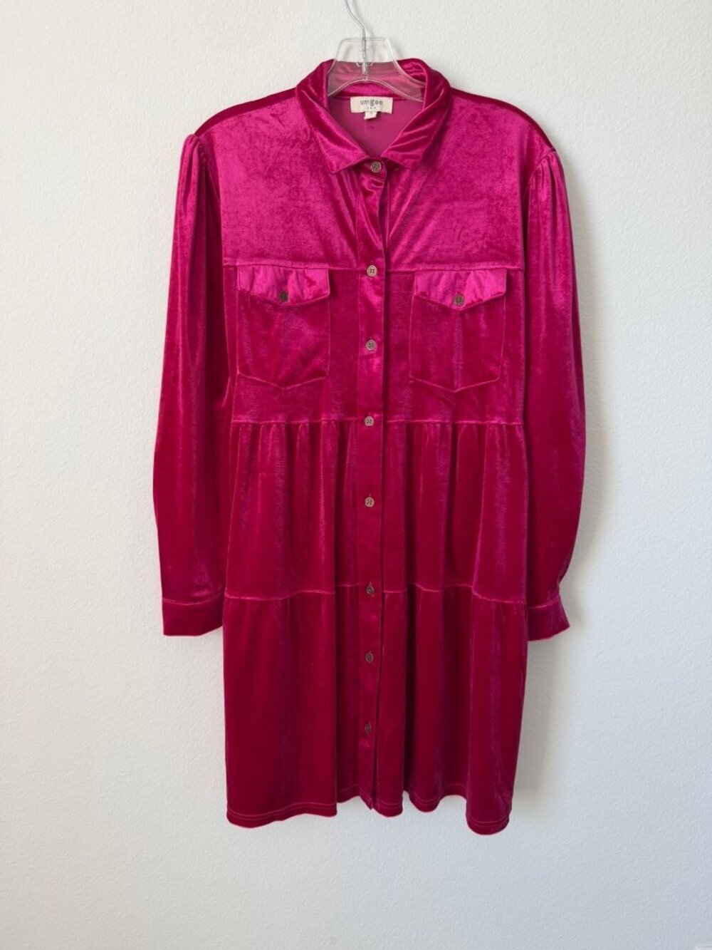 UMGEE Long Sleeve Button Front Tiered Pink Velour Mini Dress Women's Size S